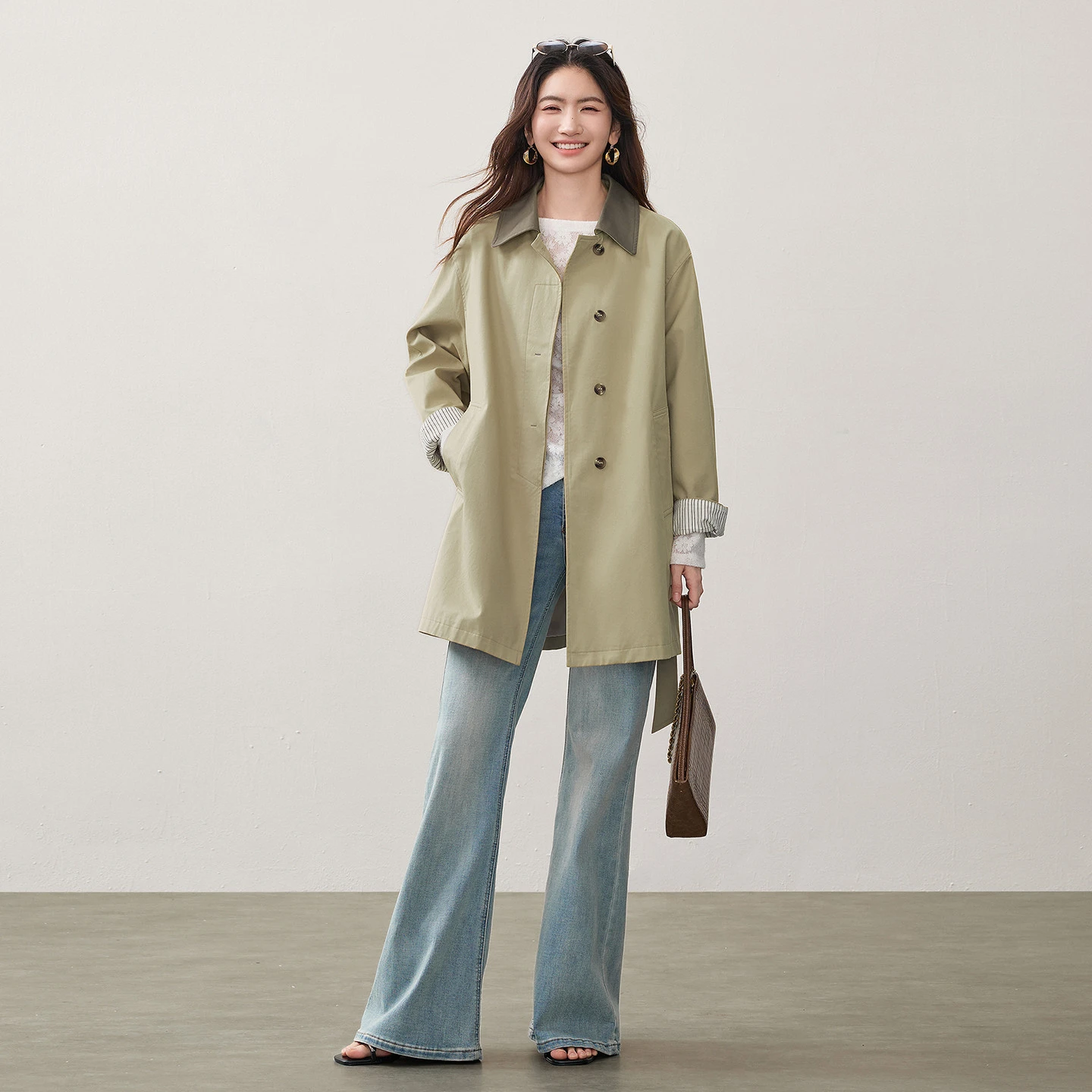 SENTUBILA Women Lyocell Trench Coat 2026 Contrast‑Color Lapel Drop‑Shoulder Midi Jacket Autumn New Office Outerwear 163FB8081