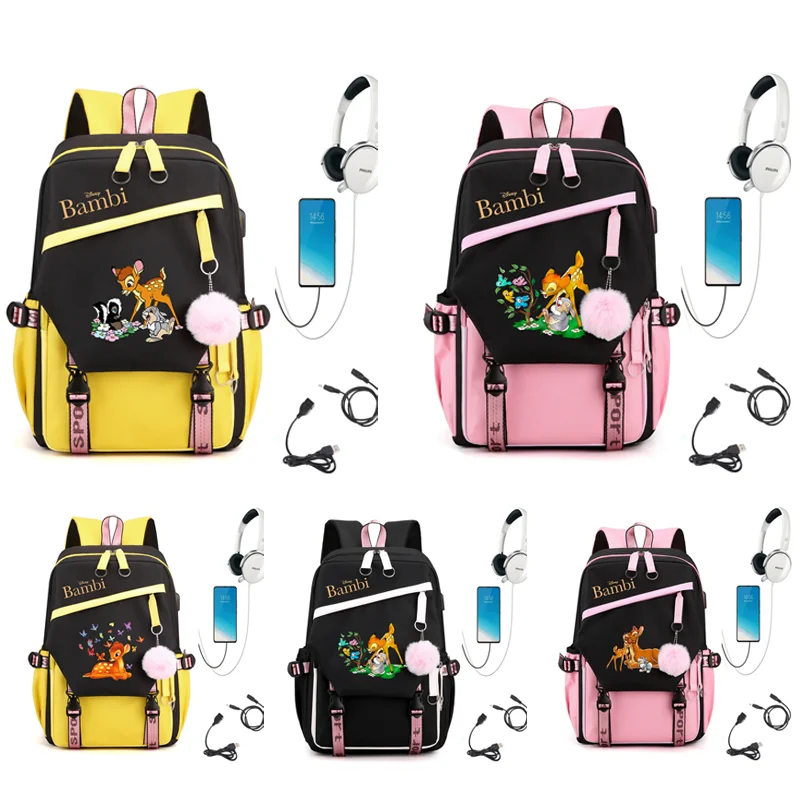 

MINISO Bambi Compartment USB Charging Schoolbag Male and Female Student Laptop Backpack Large Capacity School Bag Mochila