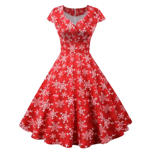 Imagen 2 del producto Vestido de Navidad estampado de manga corta con cuello en V, elegante vestido de fiesta de Navidad Vintage Swing grande