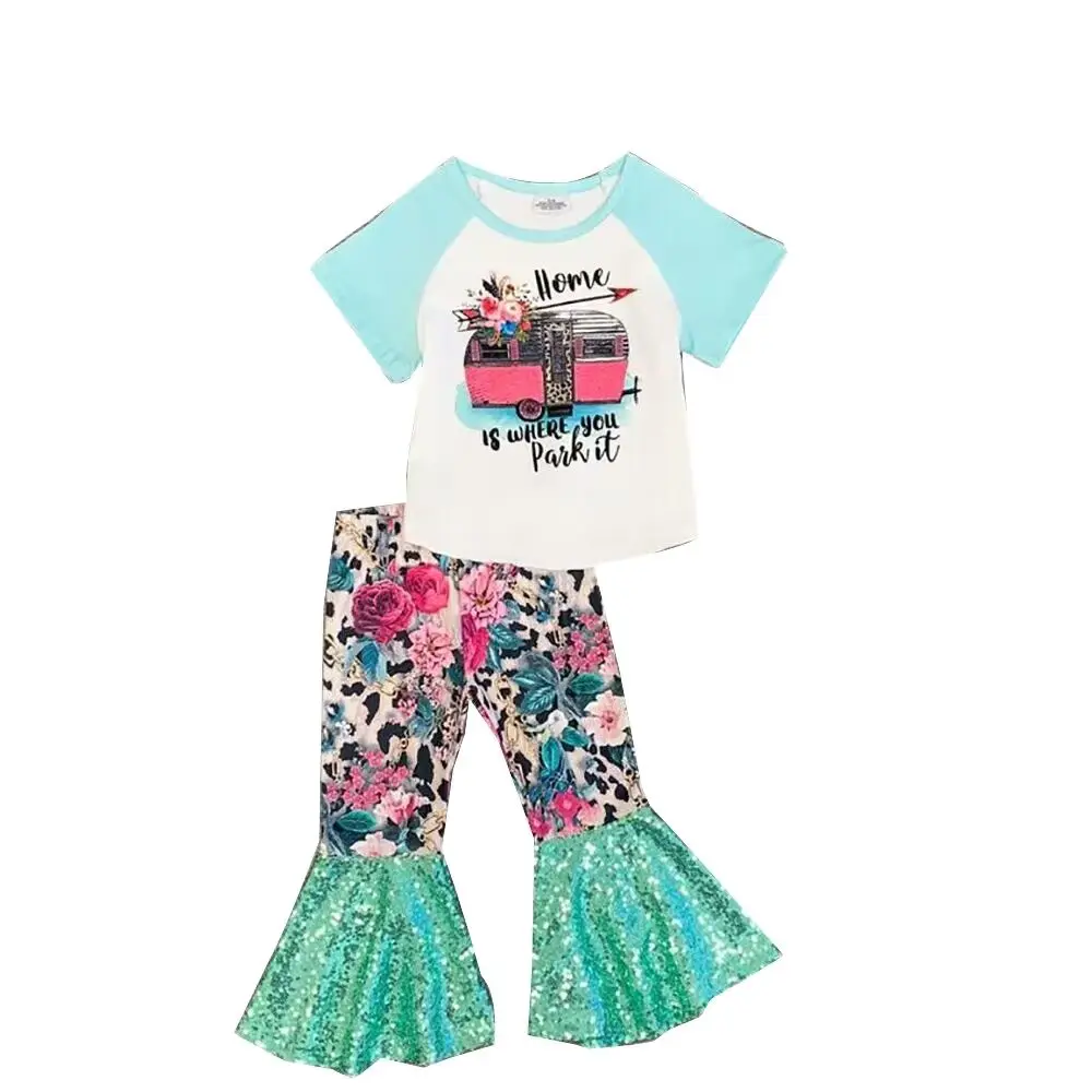 

Fashion Baby Girl Clothes Set Short Sleeve Letter Top Sequins Floral Bell Bottom Pants Set