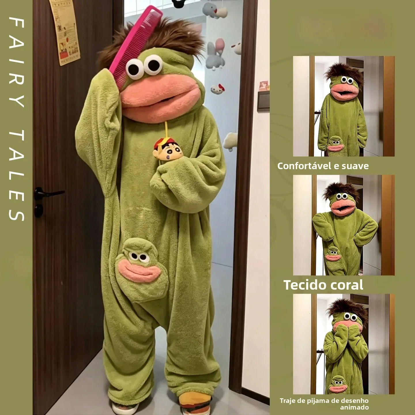 winter-new-style-coral-fleece-onesie-sleepwear-men's-warm-home-clothes-set-big-mouth-monster-robe-soft-polyester-fabric
