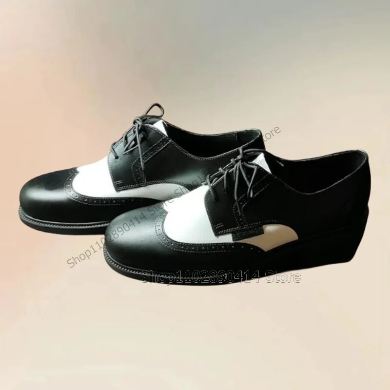 Black White Carving Design Round Toe Men Shoes Fashion Lace Up Male Shoes Luxury Handmade Party Banquet Office Men Dress Shoes