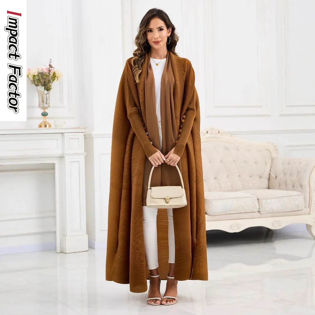 2025 New Pleated Trench Coat with Bat Sleeves, Plus Size, Ethnic Style, Abaya Solid Color, Elegant Women's Robe