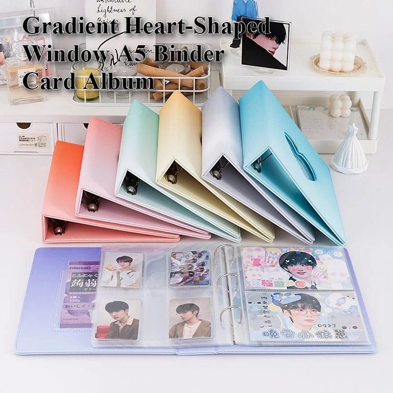A5 3-Ring Macaron PU Leather Gradient Heart Window Binder Card Album Thick Inner Pages for Photos Postcards Pokemon Sports Cards