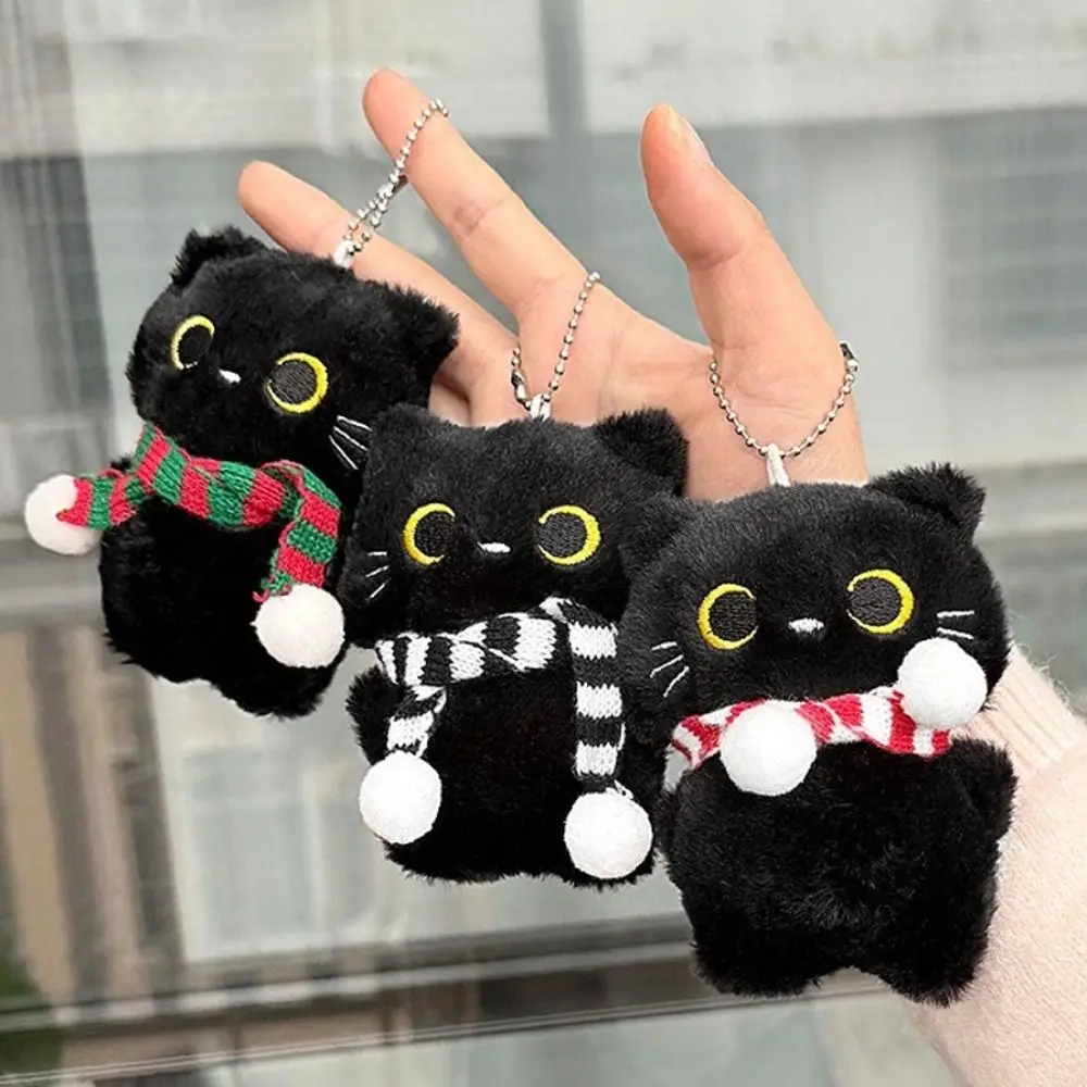 Cute Mini Keychain Black Cat Design Yellow Eyes Stuffed Animal Soft Doll Birthday Gift
