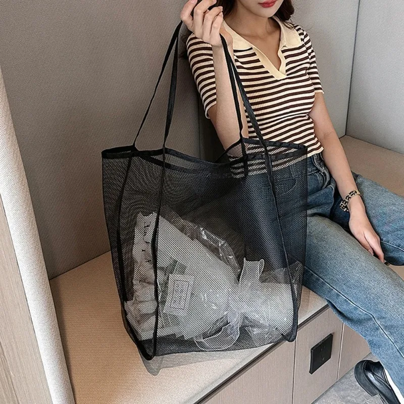 Extra Large Foldable Mesh Tote with Sturdy Handles, Durable Polyester Storage Bag for Beach Toys, Shells, Clothes & Towels