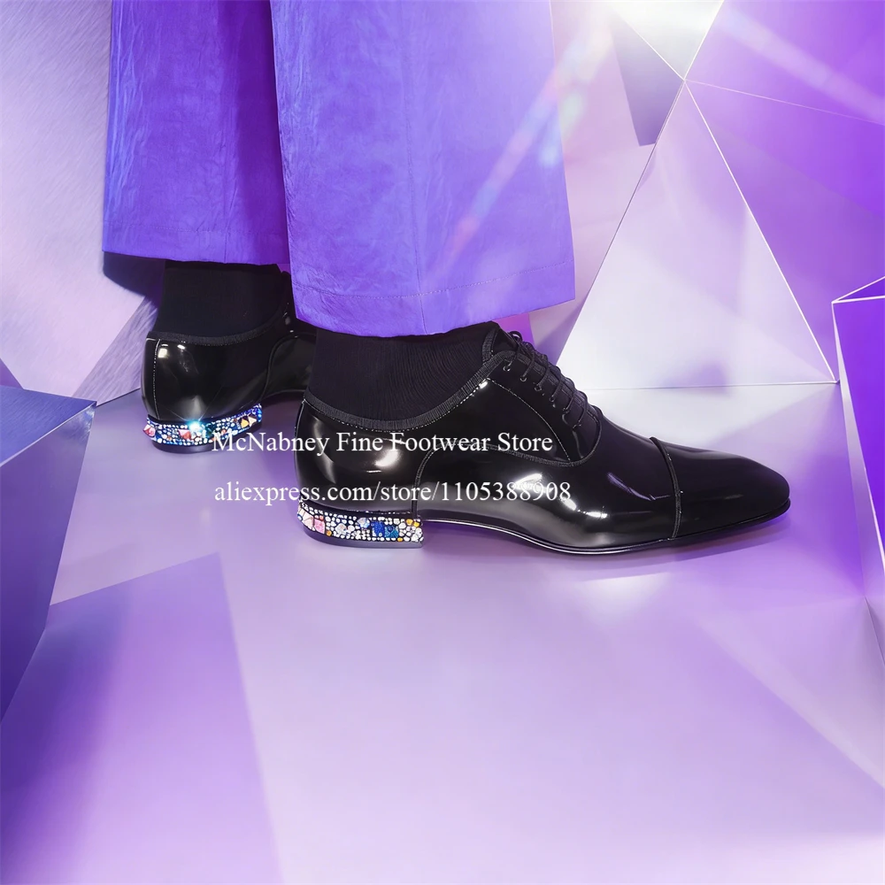 

Black Patent Leather Rhinestone Embellished Heel Oxfords Lace up Dress Shoes for Men Wedding Party Formal Occasions Plus Size