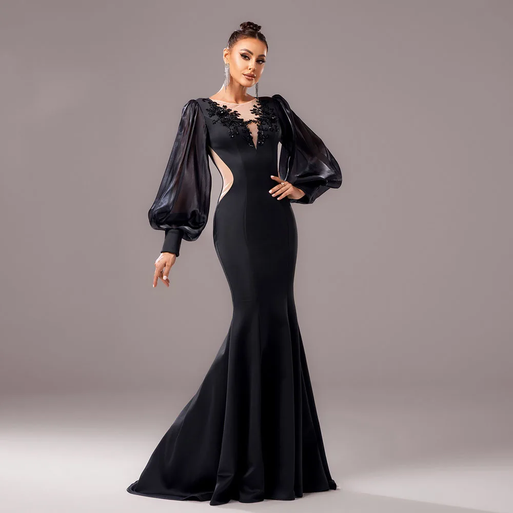 

Sexy Women Dresses Senior Long Sleeve Round Neck Banquet Bridesmaid Gowns Appliqué Wrap Hip Mermaid Tail Evening Dresses
