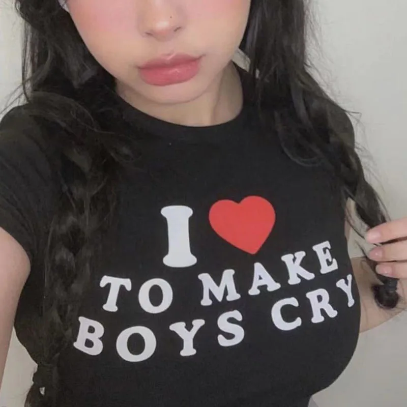 Aesthetic Grunge I Like To Make Boys Cry Alphabet Print T-shirt Summer Casual Streetwear Crop Tops Y2k O-neck Short Sleeve Tees