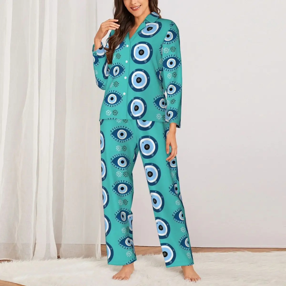 Zestaw piżam z nadrukiem złego oka Wiosna Abstrakcyjne oczy Urocza bielizna nocna dla kobiet 2-częściowy Casual Oversized Graphic Home Suit Present