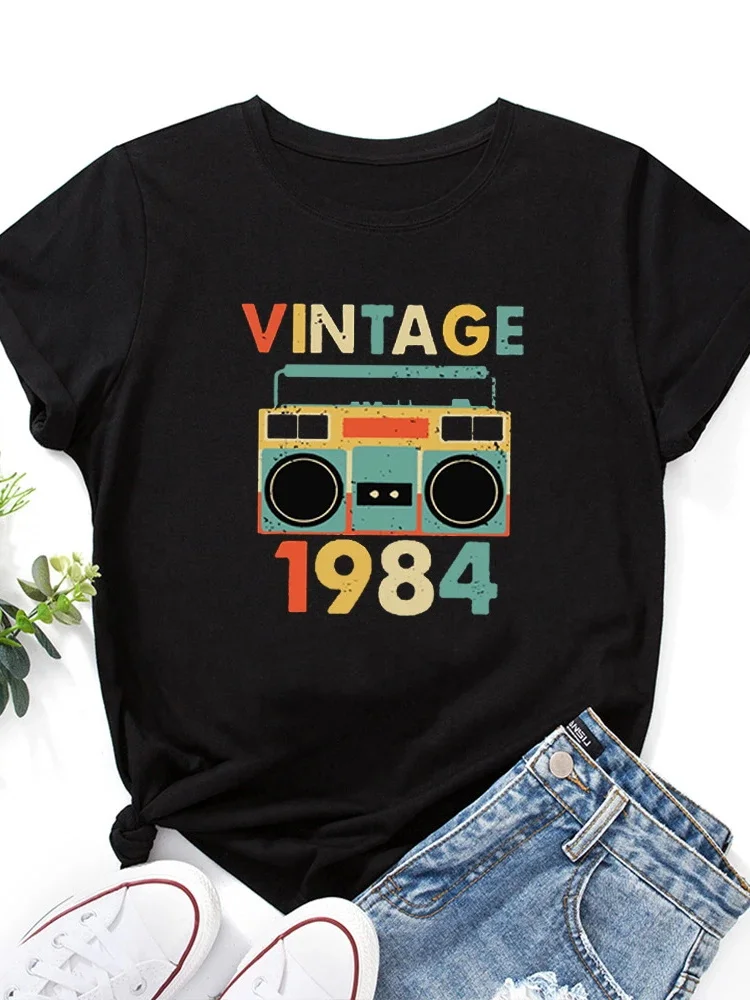 Vintage 1984 rejestrator z nadrukiem T-Shirt Plus Size kobiet z krótkim rękawem z okrągłym dekoltem luźne damskie koszulki koszulki ubrania