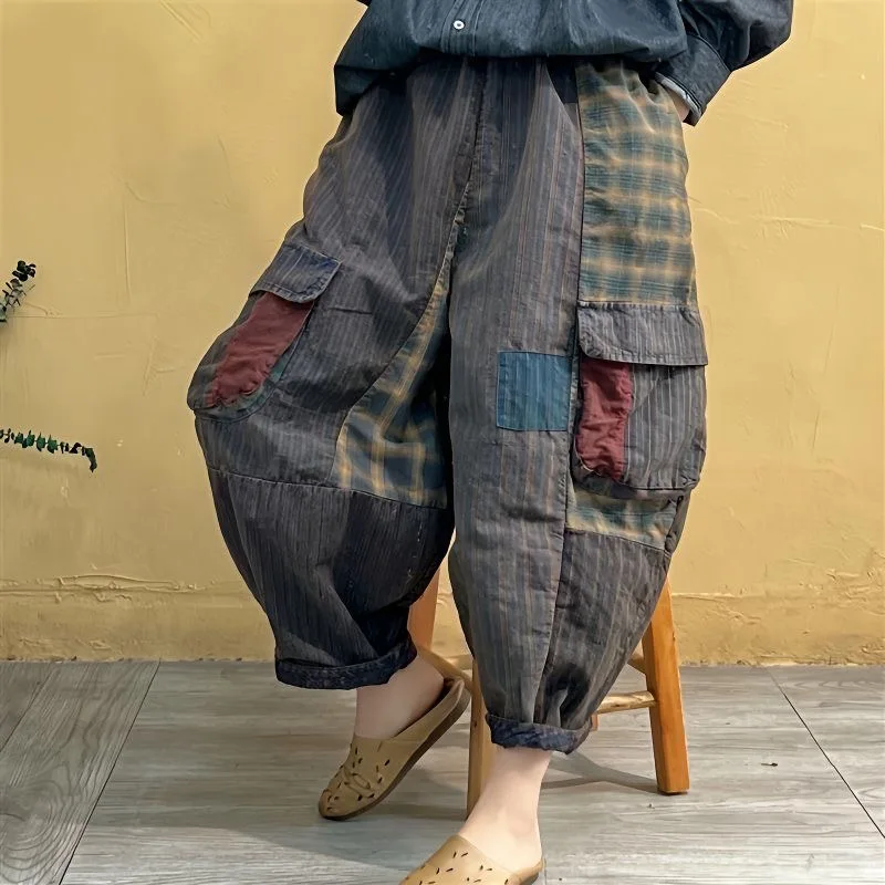 

Vintage Ethnic Style Patchwork Cropped Pants Men Loose Double Side Pocket Carrot Trousers Fashion Casual Harem Pants Unisex