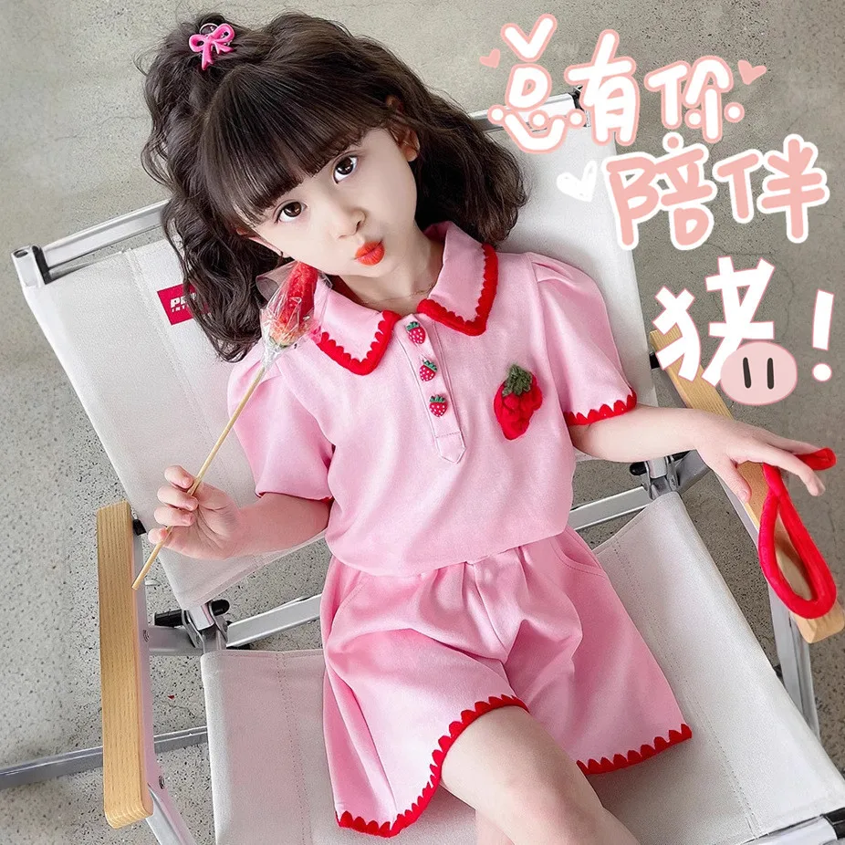 2026 Summer Girls Suit Child Set Cloth Cute Strawberry Short-Sleeved T-Shirt + Short Pants Teenager Tracksuits Kids 2 to 8 Year