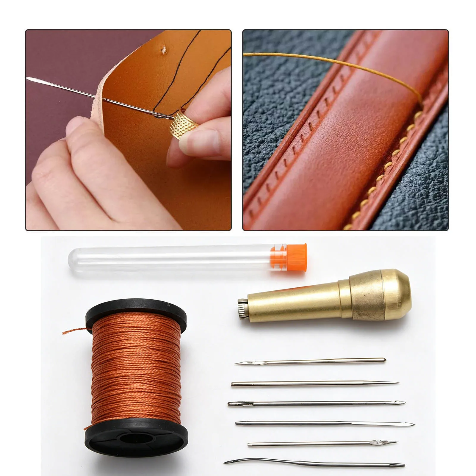 Leather Sewing Kit DIY Leather Sewing Awl Needle With Copper Handle Set Leather Canvas Tent Shoes Repair Tools With Nylon Thread