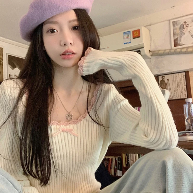 

Sweet Lace Long Sleeve Knitted Sweater Women Clothing Lace Patchwork Knitwear