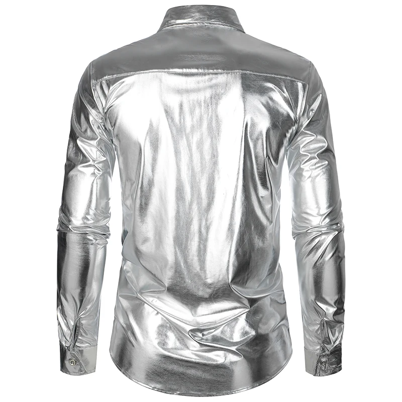 Shiny Silver Metallic Disco Shiny Shirts 2023 New 70's Party Halloween Costume Chemise Homme Stage Performance Dress Shirts 2XL