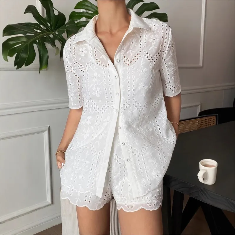 Summer White Hollow Out Loose Fit Shirt & Shorts Set Short Sleeve Lapel Ruffle Hem Casual 2 Piece Set Daily Women's Outfit