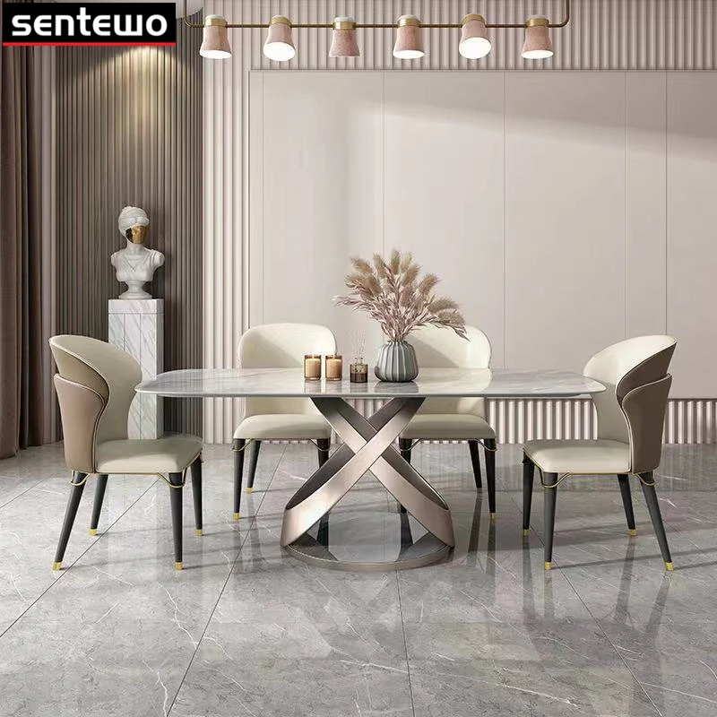 Designer Luxury Round Dinner Room Marble Rock Slab Dining Table Set 6 Chairs Esstisch Furniture Marbre Stainless Steel Gold Base