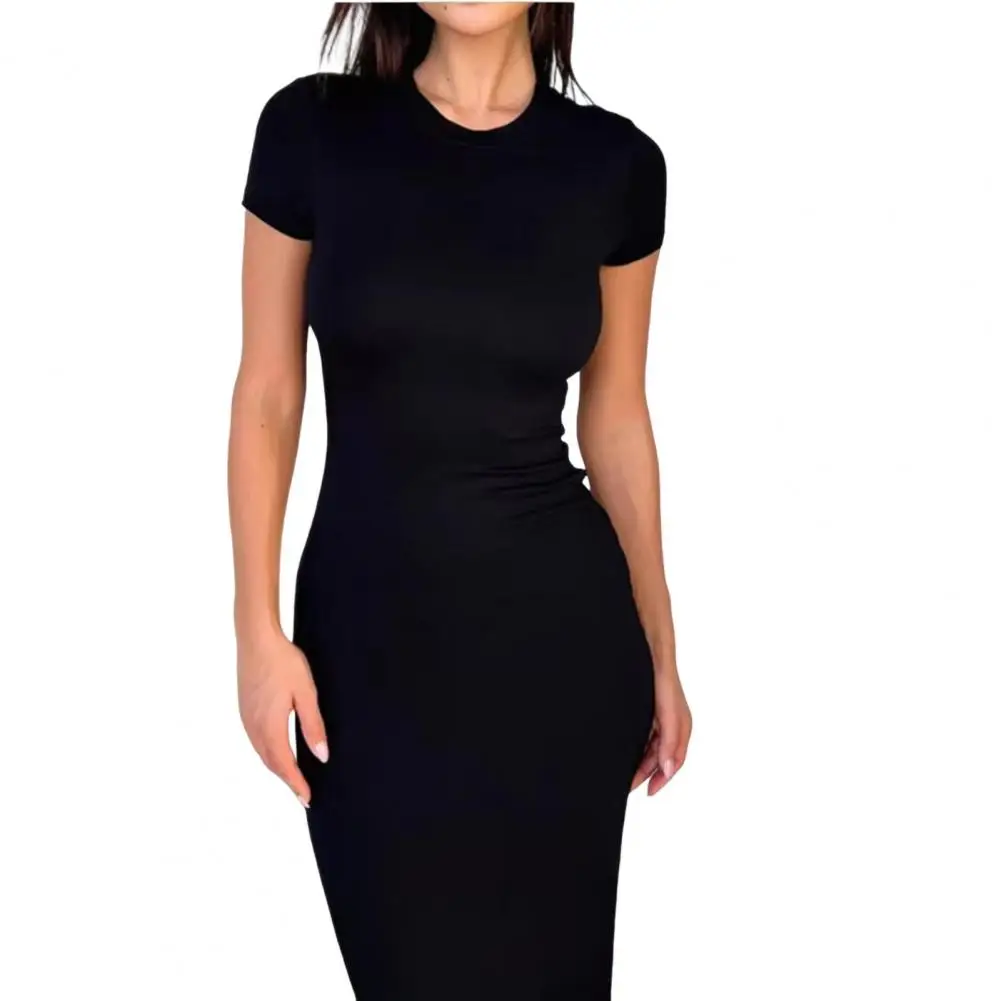 ソリッドカラーの女性のスリム T シャツドレス夏半袖クルーネックベーシックミディドレスカジュアルボディコンロングドレス