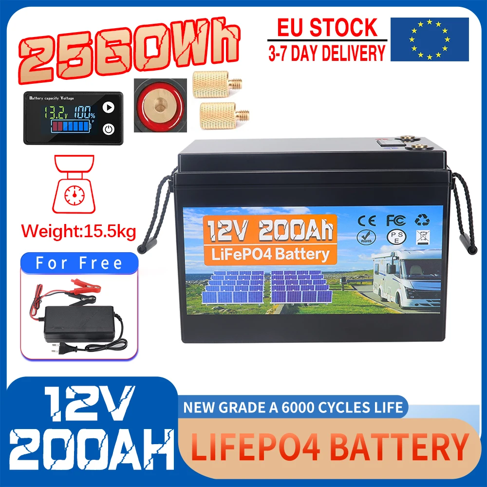 EU-voorraad 12V 350Ah 200Ah 24V 100AH LiFePO4 Lithium-ijzerfosfaatbatterij, ingebouwde 100A BMS, 9000 cycli, IP65 en bescherming tegen lage temperaturen, 4480Wh energie, perfect voor camper, off-grid,