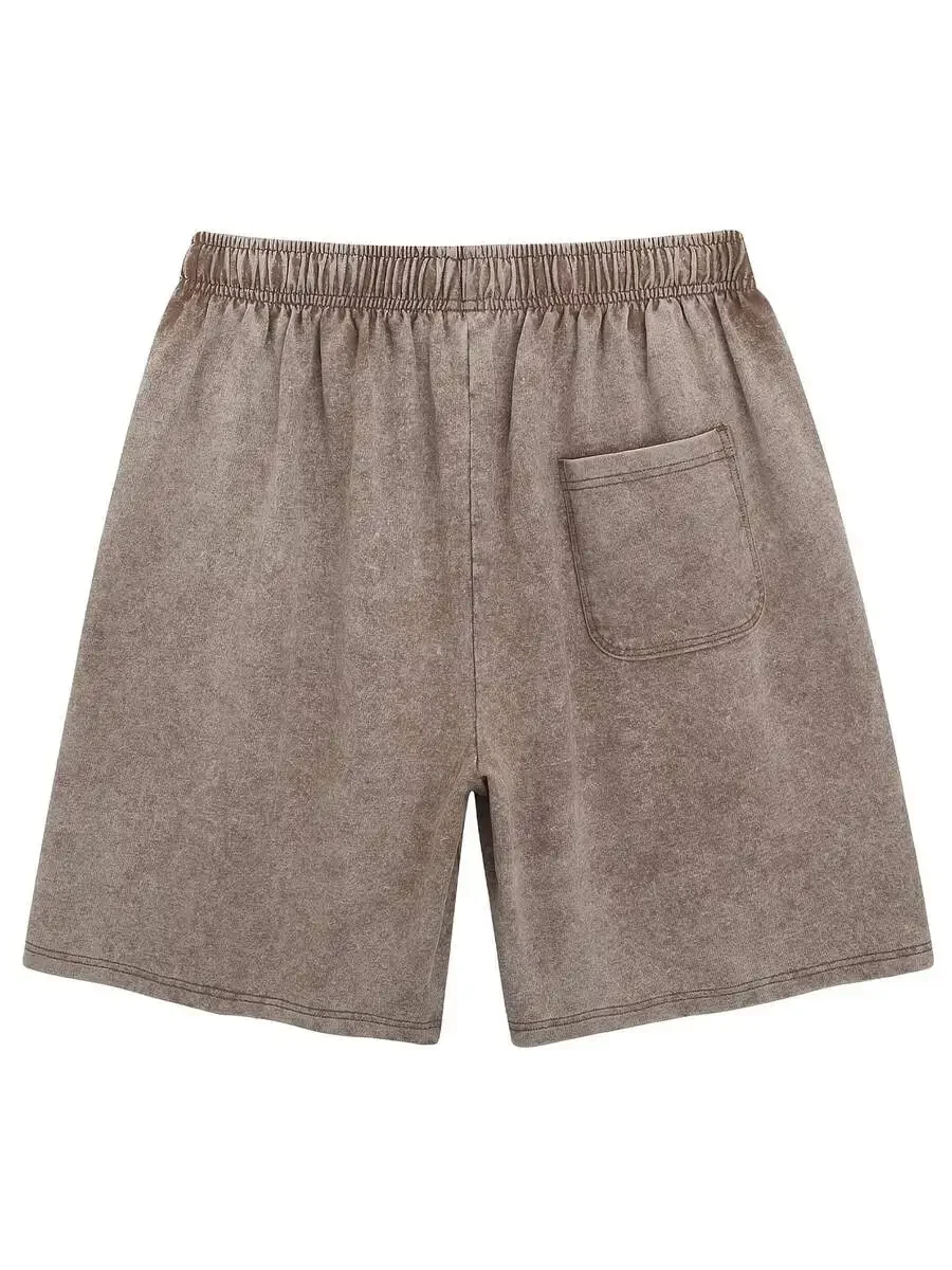 

Washed Cotton Shorts With Drawstring Waist And Pocket Casual Loose Fit
