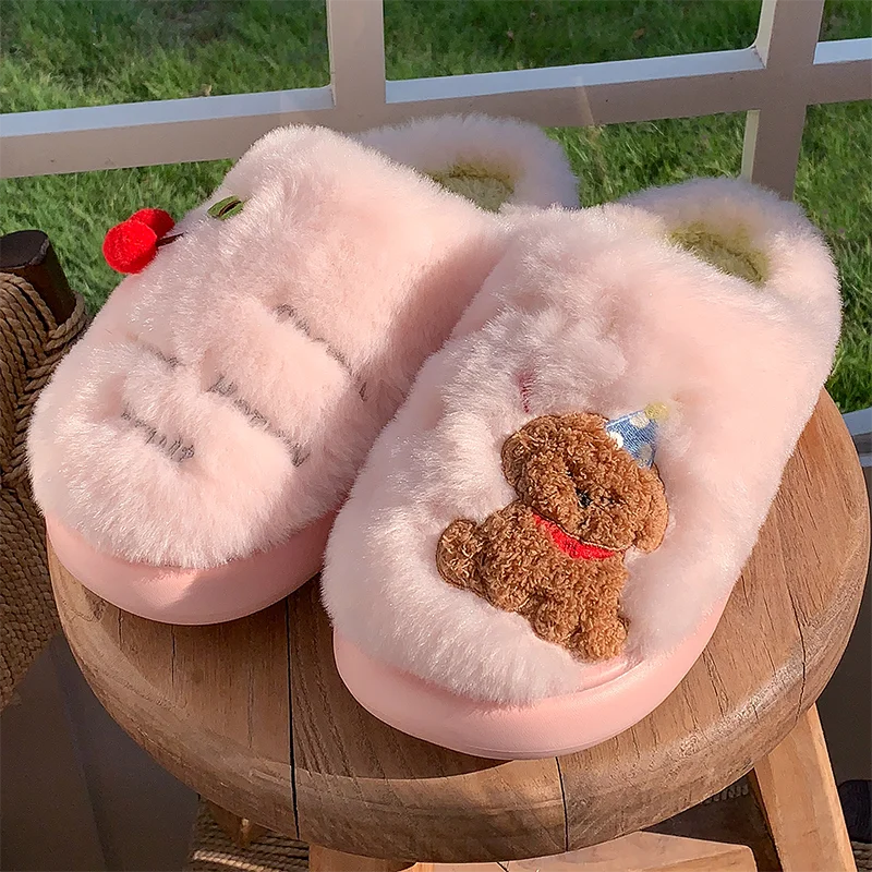 Cartoon Puppy Embroidery Cotton Slippers for Women Comfy Platform Fluffy Furry Home Slides Woman Non Slip Soft Sole Plush Slides