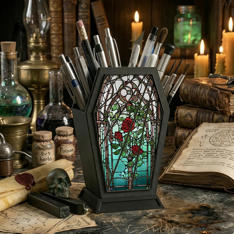 Gothic Coffin Pen Holder with Stained Glass Red Rose Print - Spooky Dark Academia Desk Organizer for Gothic & Witchy Lovers