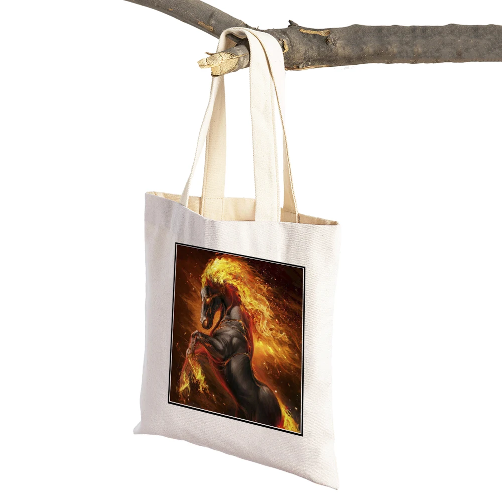 Watercolor Mythology Art Women Canvas Shopping Bags Both Sides Cartoon Animal Lion Wolf Supermarket Shopper Bags Tote Handbag