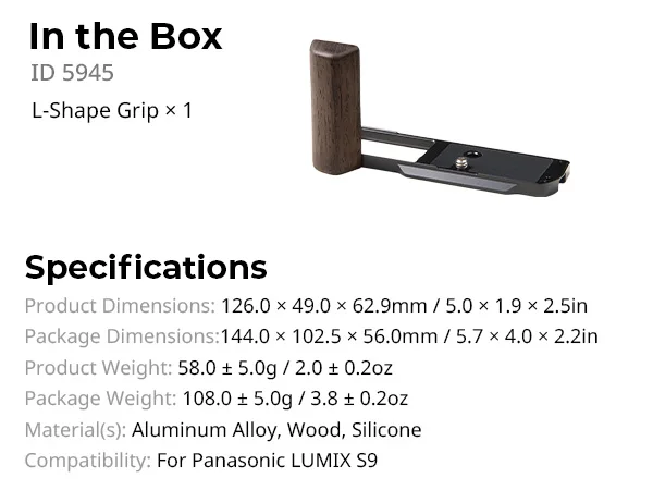 SmallRig S9 Camera Cage L-vormige montageplaat met houten handvat voor Panasonic S9 met Arca-Swiss plaat, pols-/schouderriemgleuf