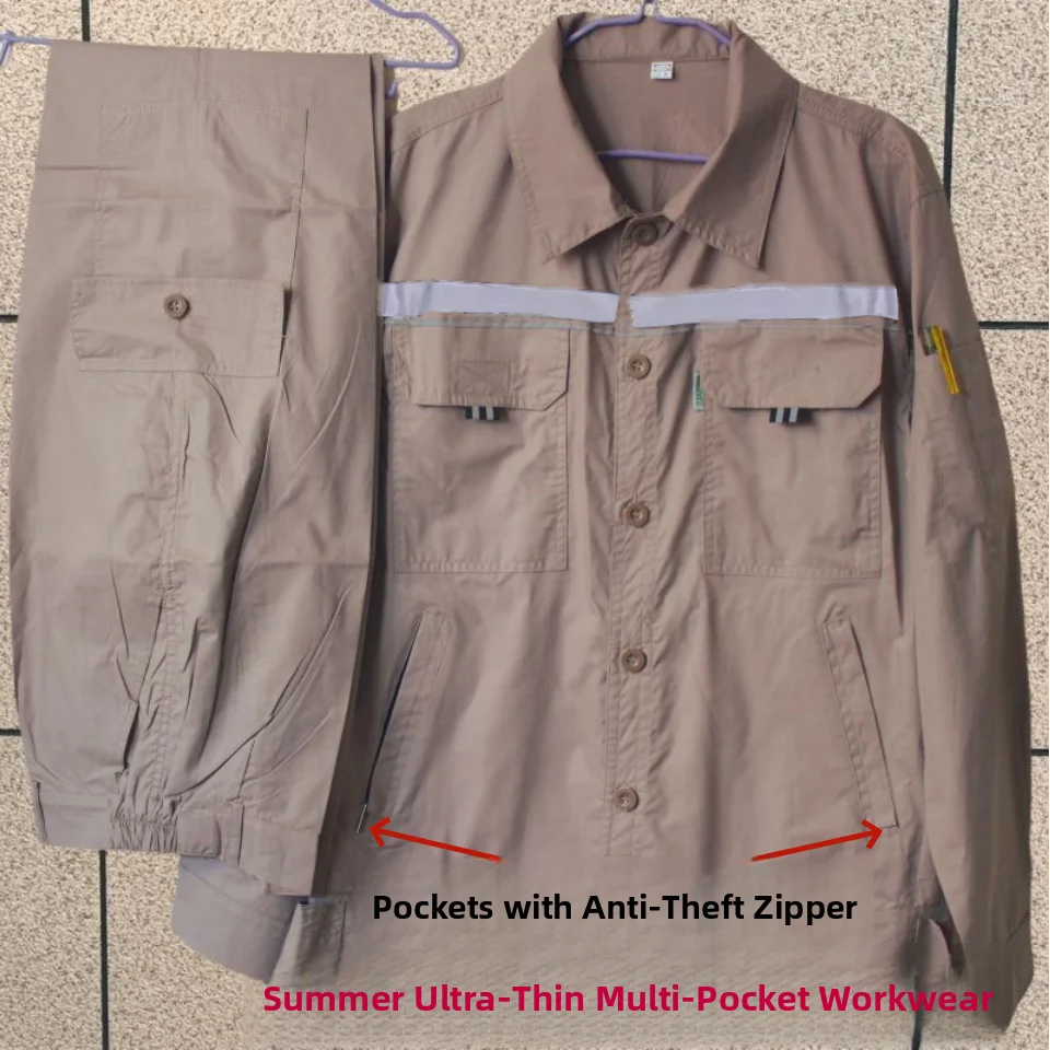 超薄型夏用作業服-長袖-通気性-日焼け防止-反射材入り-綿ポリエステル製-労働保護服-mサイズ付き