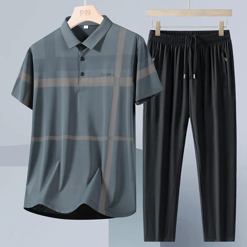 

Мужской летний комплект из двух предметов: поло из ледяного шелка и длинные брюки, повседневный стиль