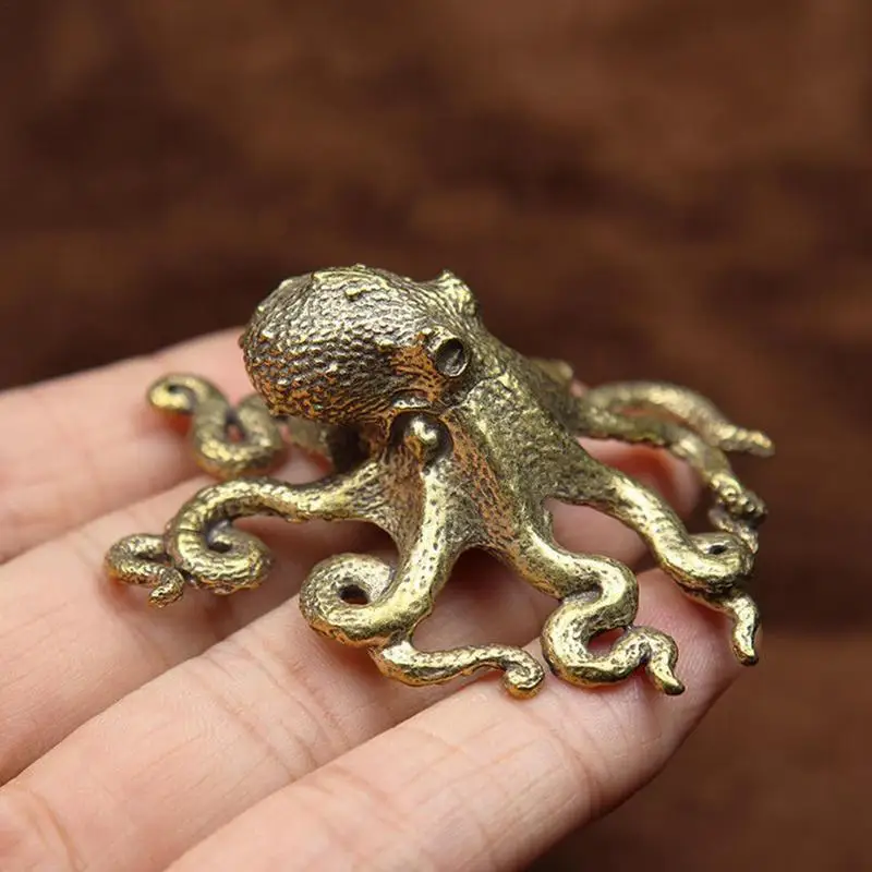 Brass Octopus Home Decoration Creative Table Tea Set Pet Crafts Antique Copper Animal Figurines Miniature Desk Ornaments