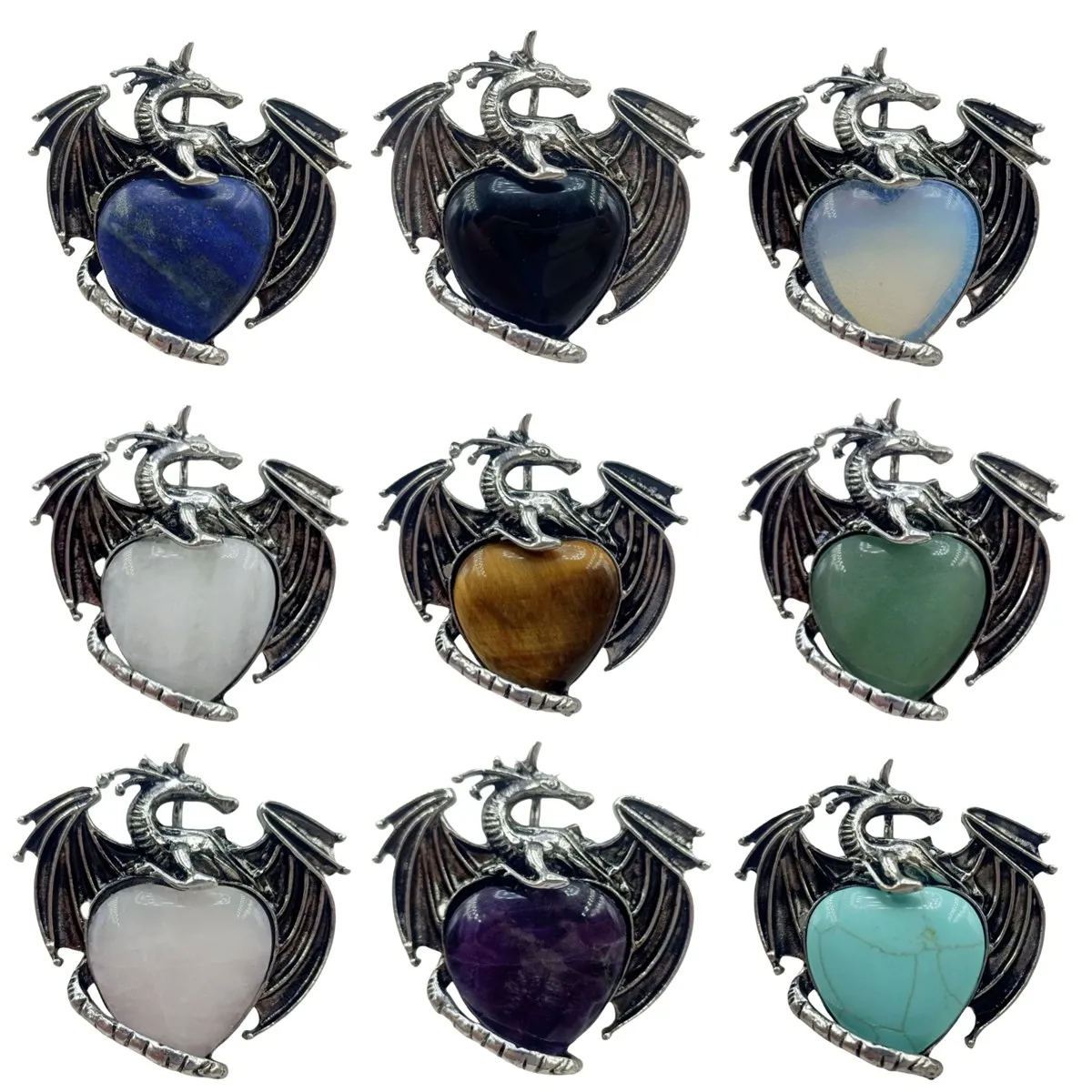 Gemstone Dragon Pendant for Jewelry Making Natural Love Heart Crystal Pterosaur Charms Choker