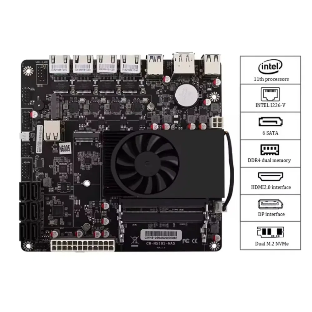 

N6005 NAS малой мощности N5105/N6005NAS демонстрационная плата/6 SATA3.0/двойные сетевые интерфейсные карты M.2/ITX/4 i226-V