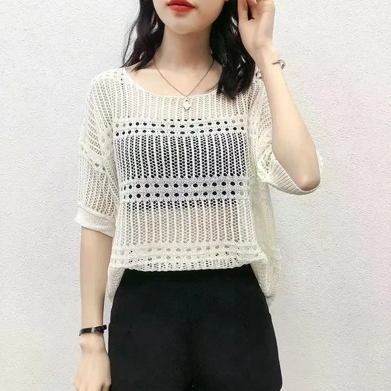 Leisure, Elegant, Sexy 2024 Spring Hollow Round Neck Short Sleeve Knitted Top