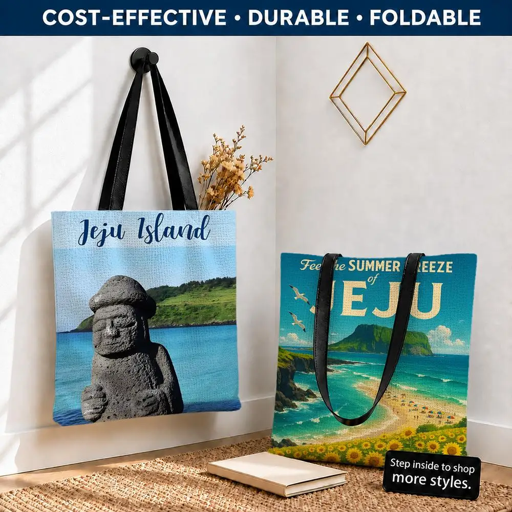 Jeju Volcanic Island Storage Bags Polyester Canvas Tote Lightweight Foldable Reusable Shopping Bag Shoulder Straps