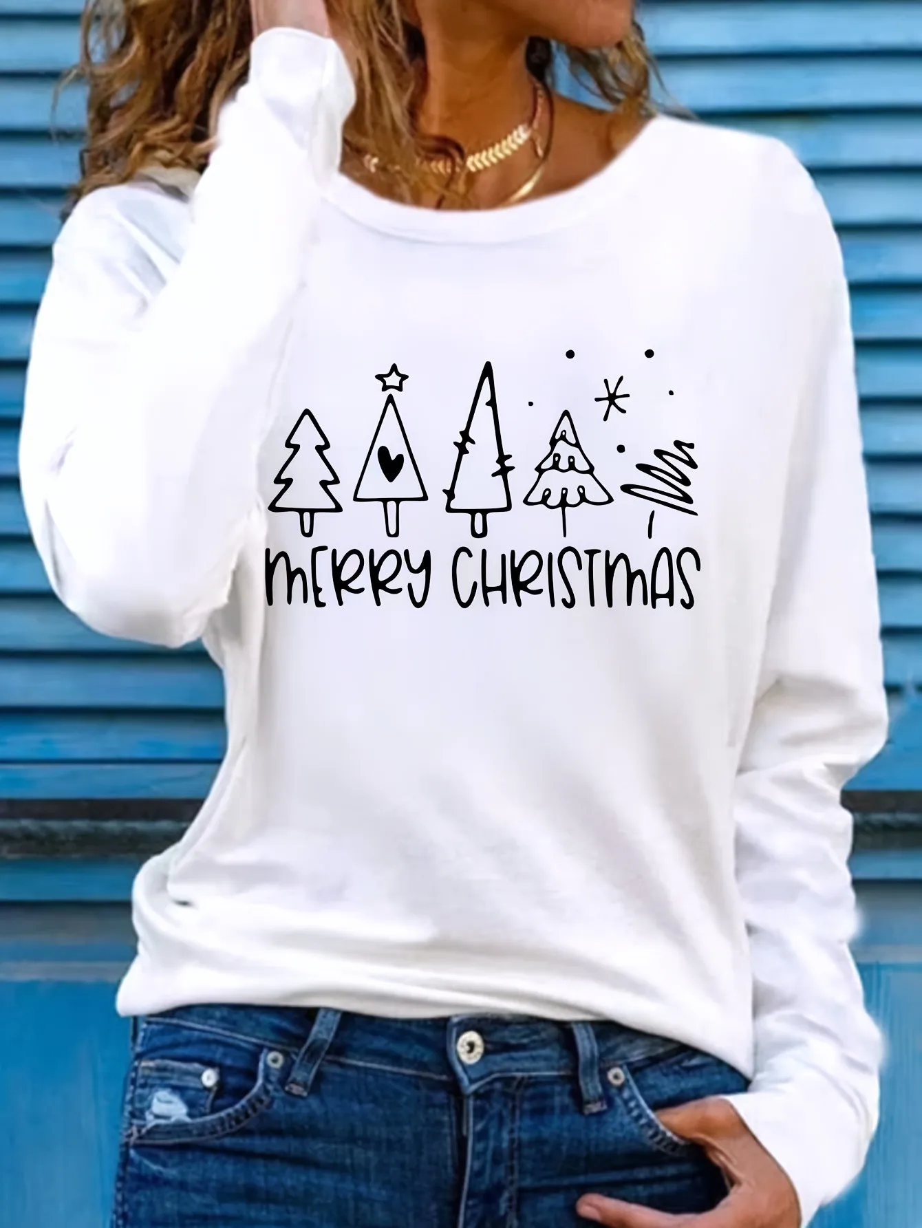 

Women's & Men's 100% Long Sleeve T-Shirt - Christmas Tree & Star Print Holiday Top with Merry Christmas Lettering, Geometric