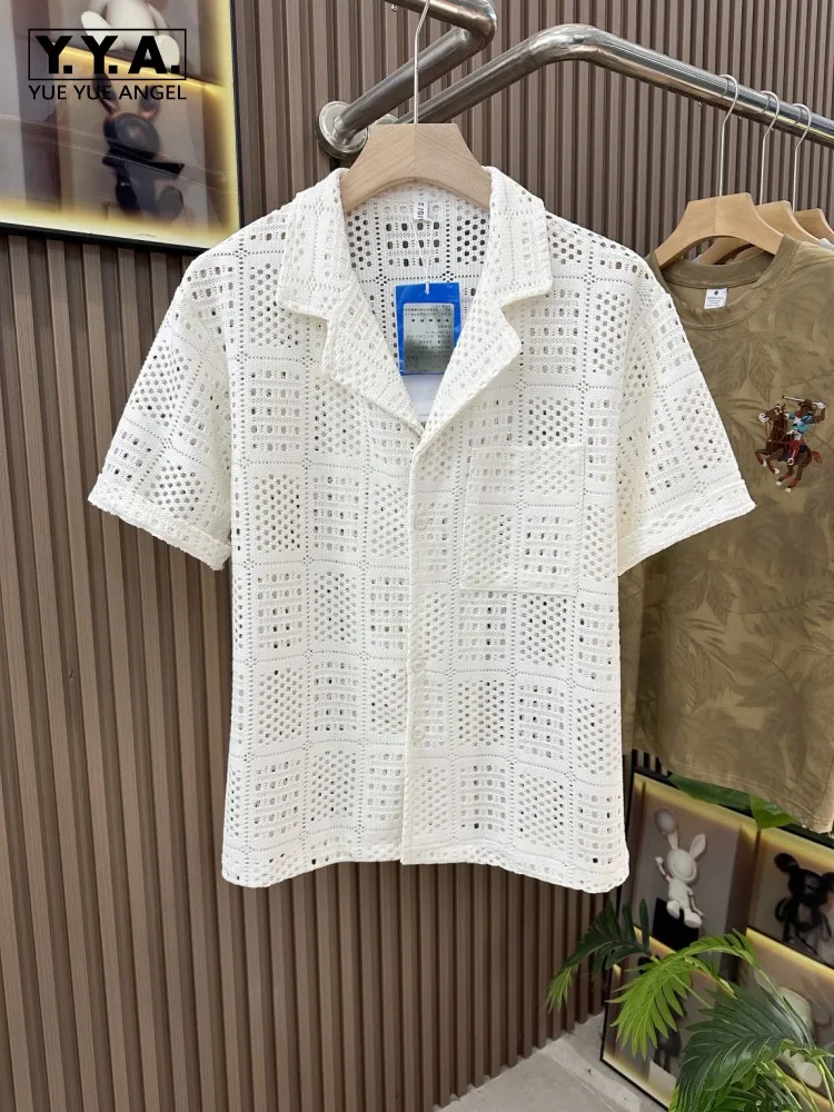 

New Style Male Summer Single Breasted Hollow Out Short Sleeved Shirt Thin Breathable Casual Shirts Fashion Mens Lapel Loose Tops
