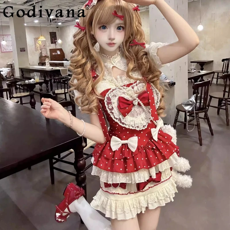 

Японский комплект в стиле лолита: красная юбка и топ (2 предмета) для женщин и девочек, принцесса, кавайный топ в горошек, юбка-торт, жилет, наряд