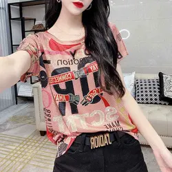 Women's Clothing Casual Round Neck Pullovers Fashion Character Printed 2023 Summer Short Sleeve Commute Slim Patchwork T-shirt