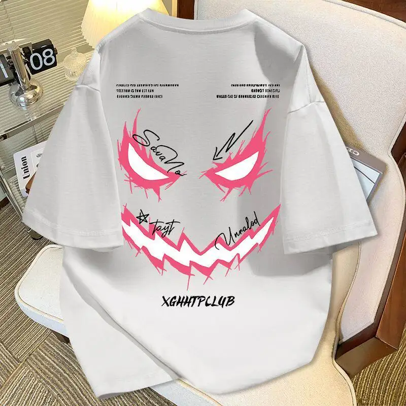 American-style Devil Smile Face Print T-shirt for Women, Summer Trendy, Instagram-worthy, High Street Boyfriend-style Shirt