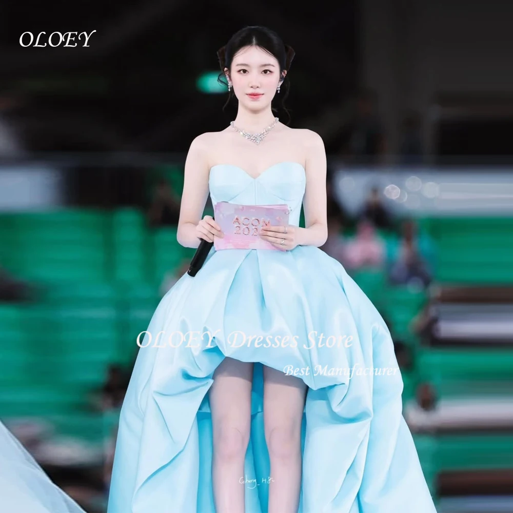 OLOEY Blu Sweetheart A-Line Corea Abiti da sera Morbido taffettà Abiti da ballo dolci Hi-Lo nne Anelli Personalizza Corsetti Indietro