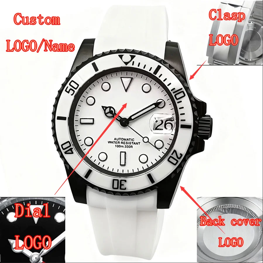Custom logo NH35 Watch For man Diving 100m Luxury 40mm Automatic Mechanical Watches Sapphire PVD Black Case Rubber strap