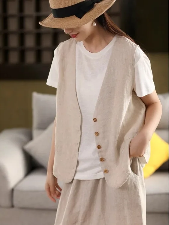 

Retro Wa Cotton Linen Svel Vest Women's Artistic Open Cardigan Outerwear Top Vest Summer New Arrival