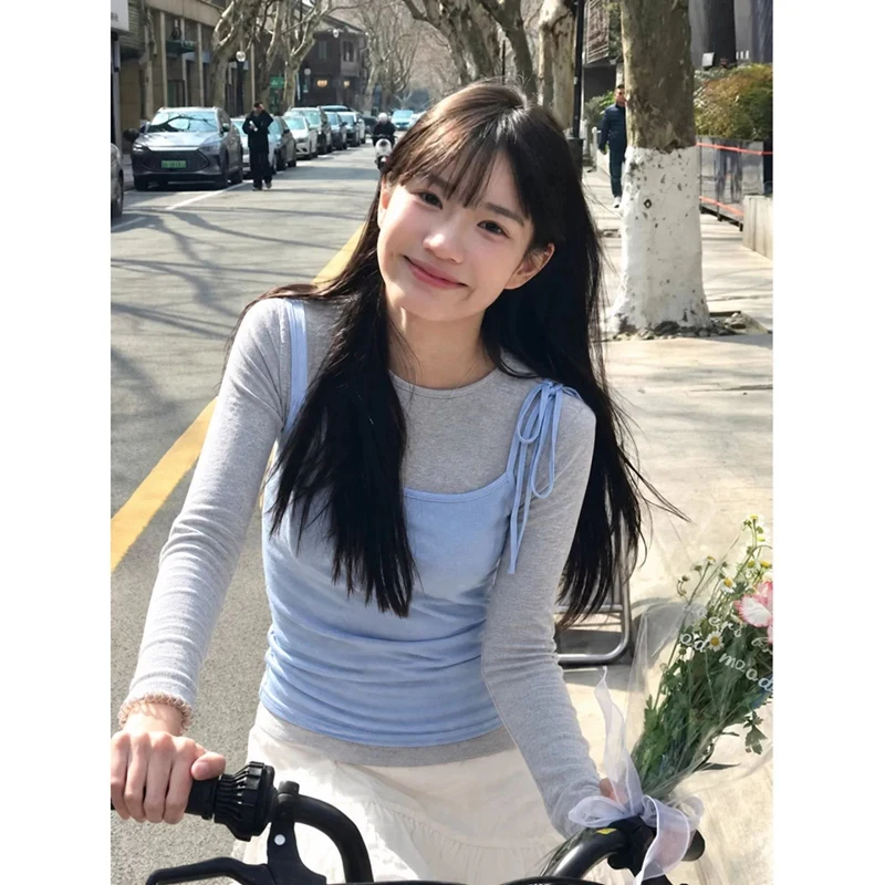 2026 Autumn Long Sleeve Cotton T-shirt Spaghetti Strap Vest for Women Korean Slim Fit and Slimming Bottoming Shirts Elegant Tops