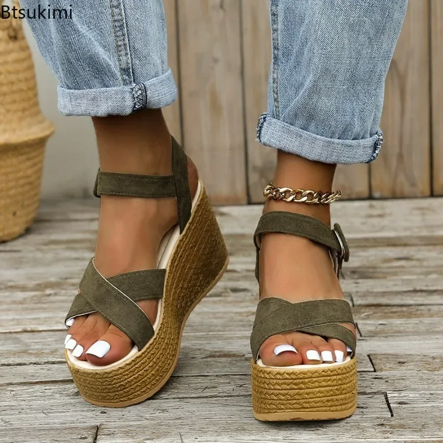 

New 2025 Women's Summer Wedge Sandals Plus Size Non-slip Peep Toe Platform Shoes Sandals Rubber Sole Buckle Sandalias De Mujer