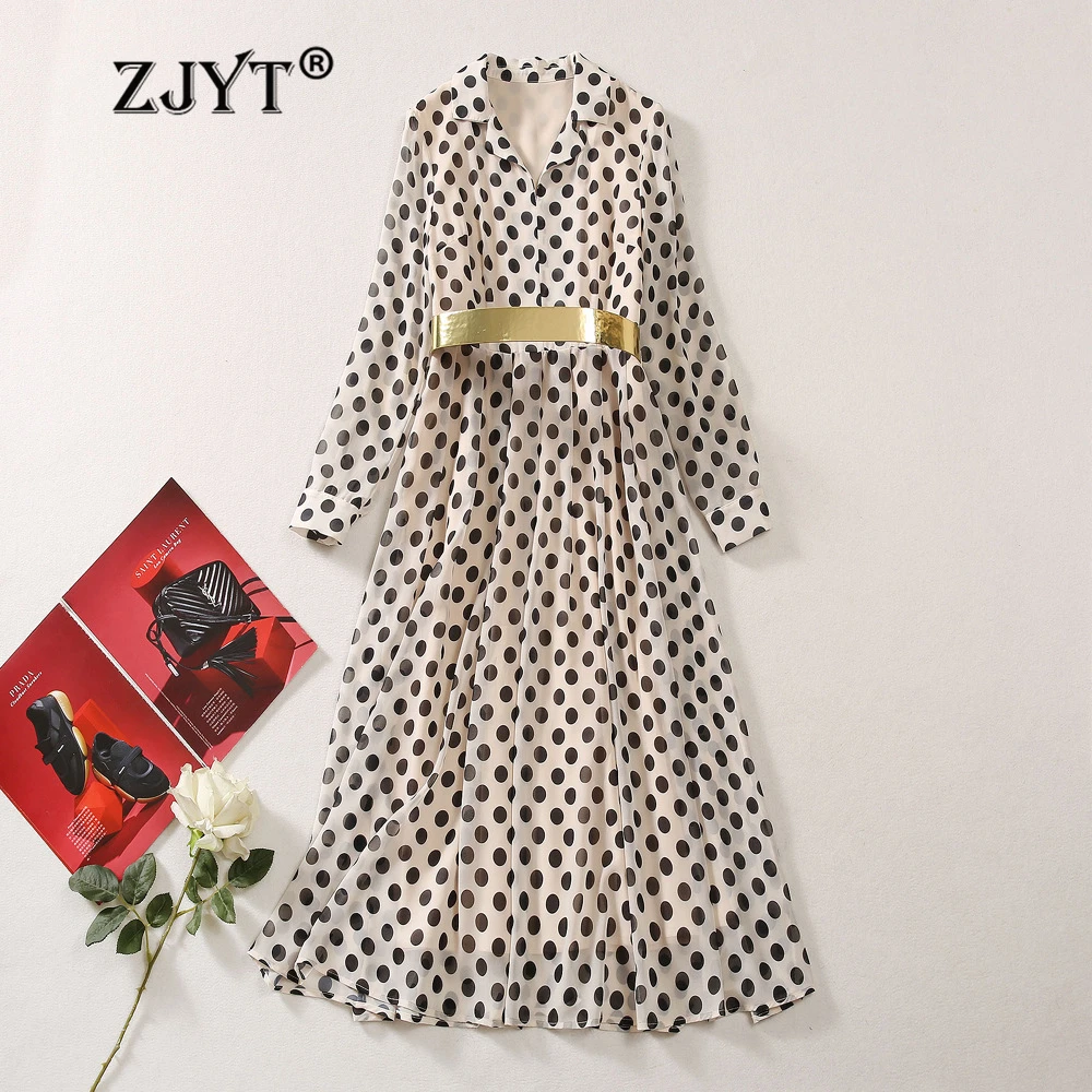 

ZJYT Women's Polka Dot Print Midi Dress Spring 2024 Designer Fashion Long Sleeve Vintage Casual Holiday Dress Belt Vestidos