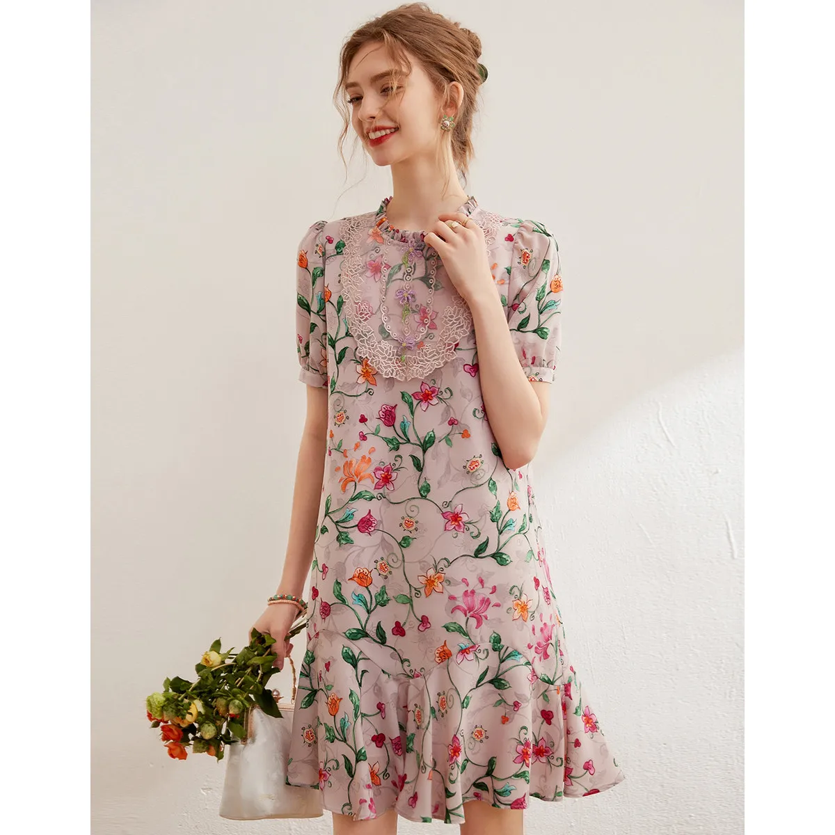 LOUIS YAO Floral Dress 2024 Summer Elegant Embroidery Beading Lace O Neck Short Sleeve Loose A-LINE Short Dress