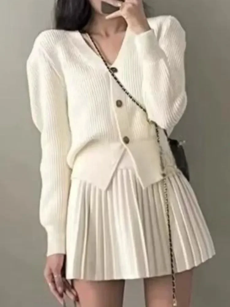 

Y2K Casual Knitted 2 Piece Set Single Breasted V-neck Top High Waist Mini Pleated Skirt Korean Fashion Solid Outfits Autumn