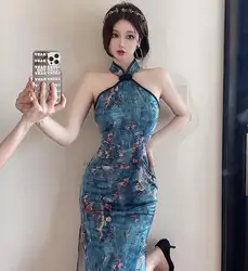 민소매 qipao 할로우 아웃 원피스 홀터 랩스커트 원피스, 동양 빈티지 원피스 개량 치파오, 국가 꽃 프린트, 2024